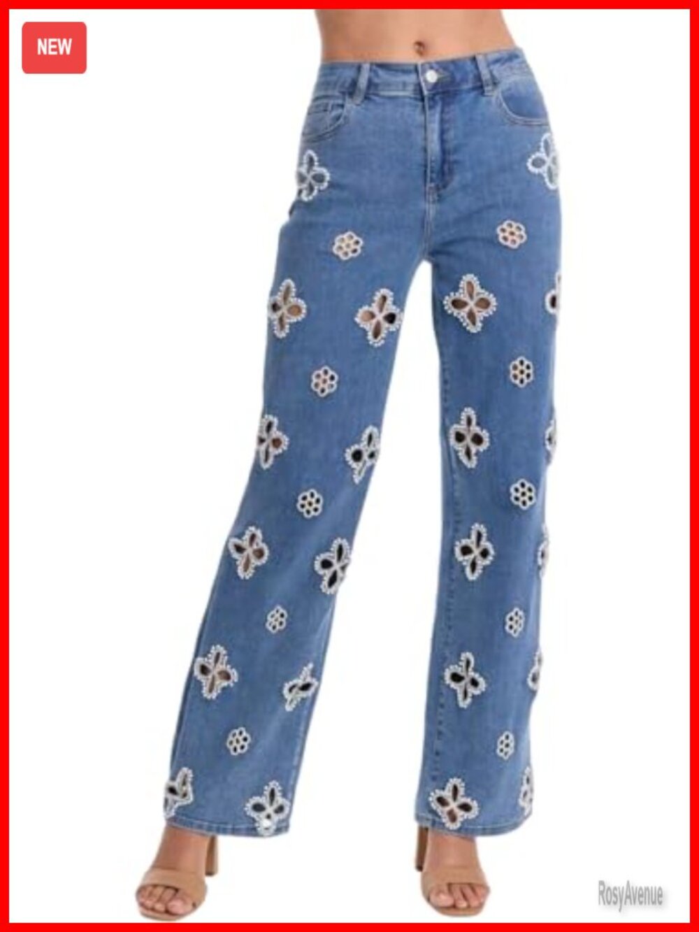 Womens High Waisted Pearl Floral Embroidered Straight Leg Jeans